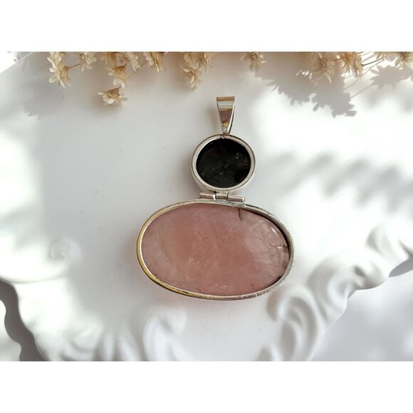 Rose Quartz & Labradorite Semi-Precious Gemstone Sterling 925 Vintage Pendant - Picture 5 of 10